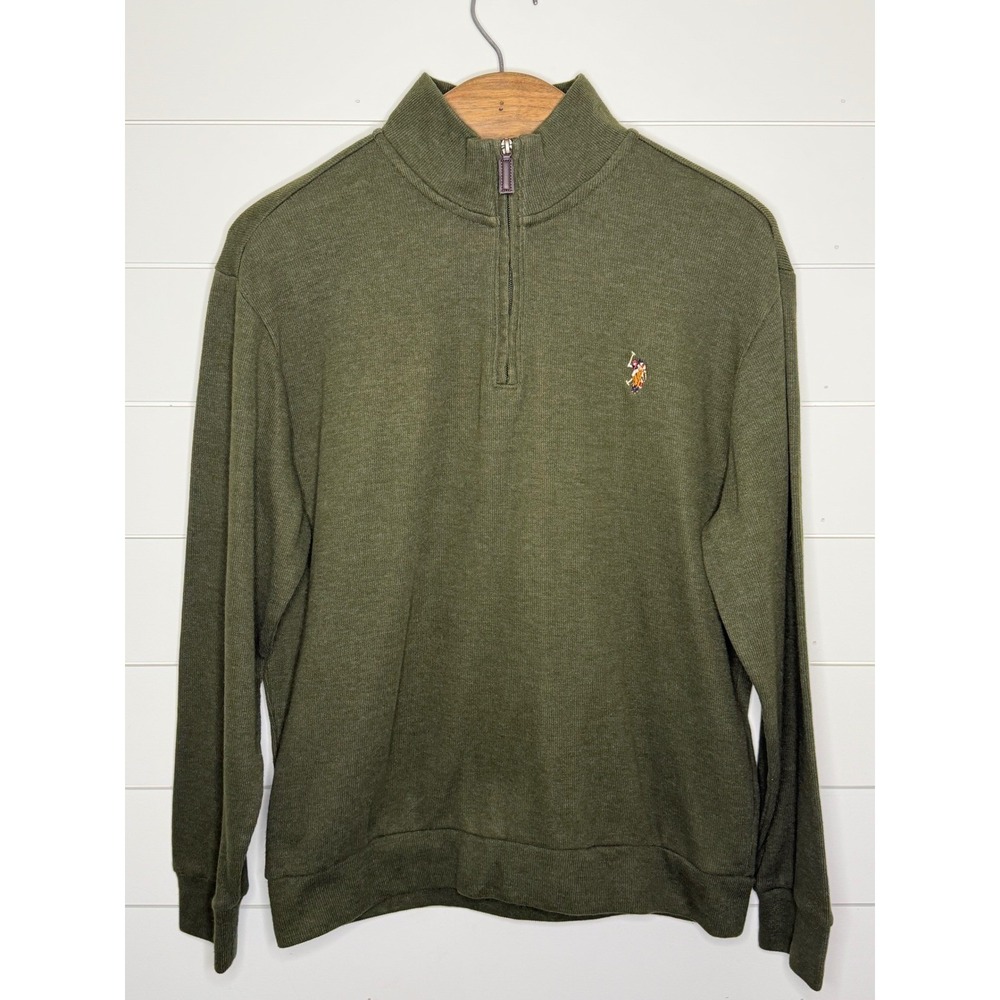 US Polo Assn Mens Large Olive Green Heather Quarter Zip Pullover Sweater Logo - Picture 2 of 7